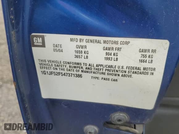 2004 Chevrolet Cavalier LS с VIN 1G1JF52F547371386, выставлен на аукционе Copart как лот 62584415 с пробегом 188 406 миль миль и Списание • Salvage title. История ставок и продаж доступна на DreamBid. Изображение 12.