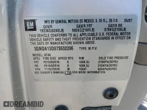 2007 Chevrolet HHR LS с VIN 3GNDA13D97S632296, выставлен на аукционе Copart как лот 54858085 с пробегом 145 460 миль миль и Списание • Salvage title. История ставок и продаж доступна на DreamBid. Изображение 12.