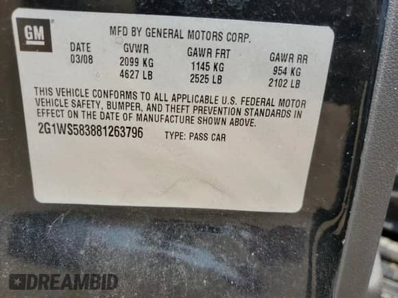 2008 Chevrolet Impala with VIN 2G1WS583881263796, listed as a Copart auction lot 63415385 with 88,120 mi miles and Salvage title. Bid and sale history available at DreamBid. Image 12.