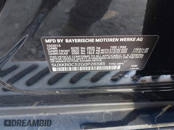 2016 BMW X5 xDrive35i with VIN 5UXKR0C52G0P26585, listed as a IAAI auction lot 43518052 with 137,194 mi miles and . Bid and sale history available at DreamBid. Image 9.