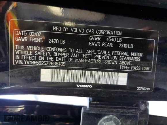 2007 Volvo S60 2.5L Turbo с VIN YV1RH592572638495, выставлен на аукционе Copart как лот 56335705 с пробегом 194 720 миль миль и Чистый • Clean title. История ставок и продаж доступна на DreamBid. Изображение 12.