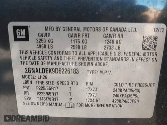 2013 Chevrolet Equinox LT z VIN 2GNALDEK9D6226183, wystawiony jako IAAI lot #43295205 z przebiegiem 134 331 mil mil oraz . Historia ofert i sprzedaży dostępna na DreamBid. Obrazek 9.