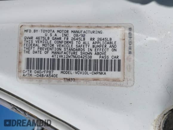 1992 Toyota Camry с VIN 4T1VK12W7NU042538, выставлен на аукционе IAAI как лот 42526827 с пробегом 74 463 миль миль и . История ставок и продаж доступна на DreamBid. Изображение 9.