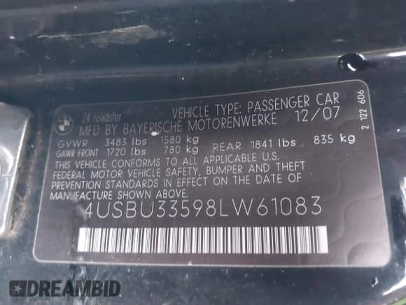 2008 BMW Z4 3.0i with VIN 4USBU33598LW61083, listed as a IAAI auction lot 41631487 with Not provided miles and . Bid and sale history available at DreamBid. Image 9.