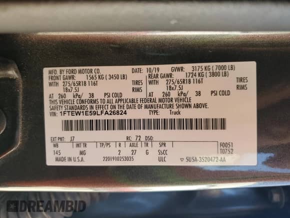 2020 Ford F-150 XLT with VIN 1FTEW1E59LFA26824, listed as a Copart auction lot 84199295 with 280,897 mi miles and Salvage title. Bid and sale history available at DreamBid. Image 12.