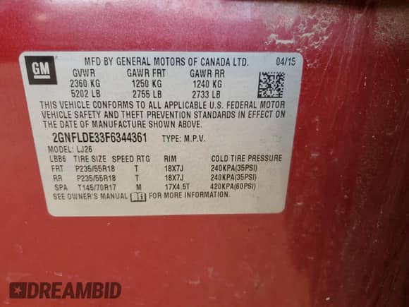 2015 Chevrolet Equinox LTZ with VIN 2GNFLDE33F6344361, listed as a Copart auction lot 69140235 with Not provided miles and Non repairable. Bid and sale history available at DreamBid. Image 12.