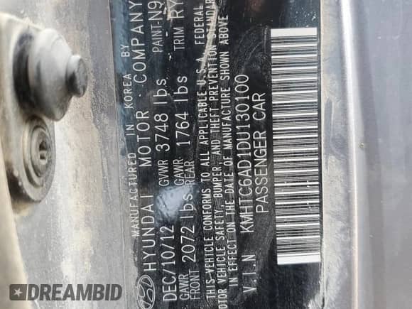 2013 Hyundai Veloster w/Black Int z VIN KMHTC6AD1DU130100, wystawiony jako Copart lot #83947425 z przebiegiem 155 402 mil mil oraz Szkoda całkowita • Salvage title. Historia ofert i sprzedaży dostępna na DreamBid. Obrazek 12.