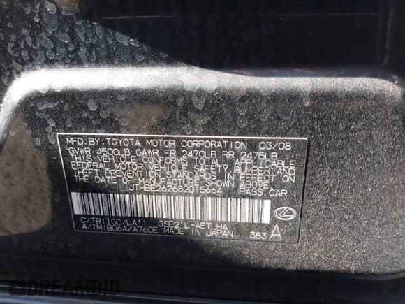 2008 Lexus IS 350 with VIN JTHBE262682015664, listed as a IAAI auction lot 42690798 with 156,643 mi miles and . Bid and sale history available at DreamBid. Image 9.