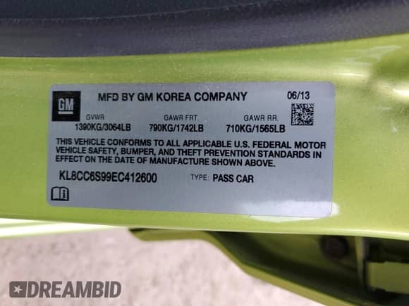 2014 Chevrolet Spark LT with VIN KL8CC6S99EC412600, listed as a Copart auction lot 44596965 with 102,372 mi miles and Salvage title. Bid and sale history available at DreamBid. Image 12.