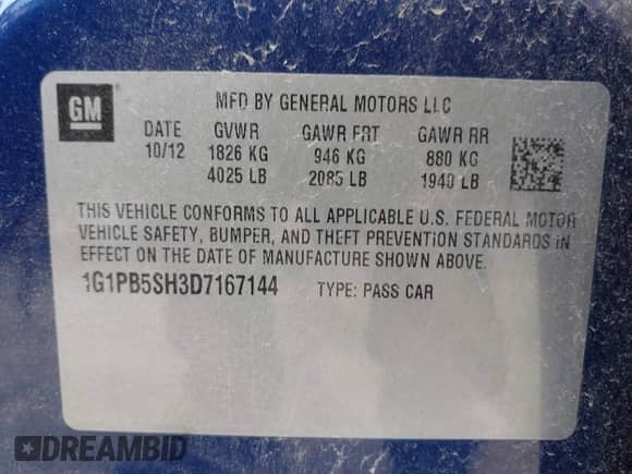 2013 Chevrolet Cruze LS with VIN 1G1PB5SH3D7167144, listed as a IAAI auction lot 42088497 with 215,322 mi miles and . Bid and sale history available at DreamBid. Image 9.