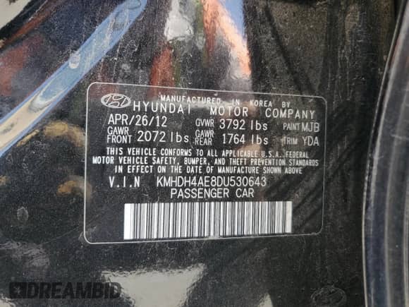 2013 Hyundai Elantra GLS z VIN KMHDH4AE8DU530643, wystawiony jako Copart lot #70051805 z przebiegiem Nie podano mil oraz Szkoda całkowita • Salvage title. Historia ofert i sprzedaży dostępna na DreamBid. Obrazek 12.