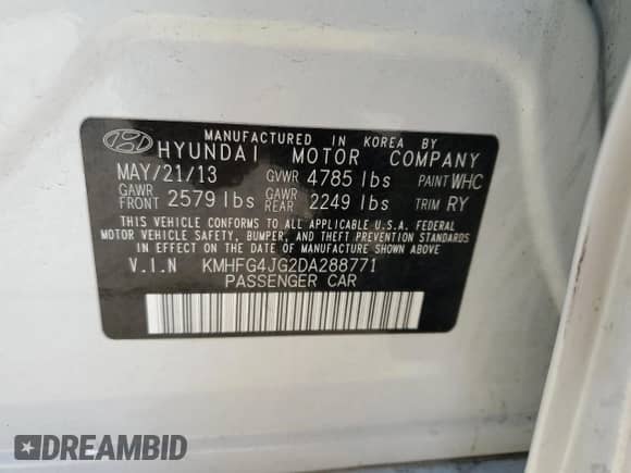 2013 Hyundai Azera с VIN KMHFG4JG2DA288771, выставлен на аукционе Copart как лот 80258735 с пробегом 155 807 миль миль и Списание • Salvage title. История ставок и продаж доступна на DreamBid. Изображение 12.