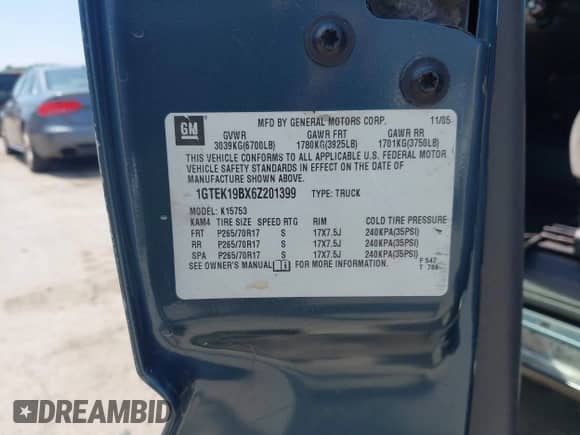 2006 GMC Sierra 1500 SLT with VIN 1GTEK19BX6Z201399, listed as a IAAI auction lot 42508588 with 154,819 mi miles and . Bid and sale history available at DreamBid. Image 9.