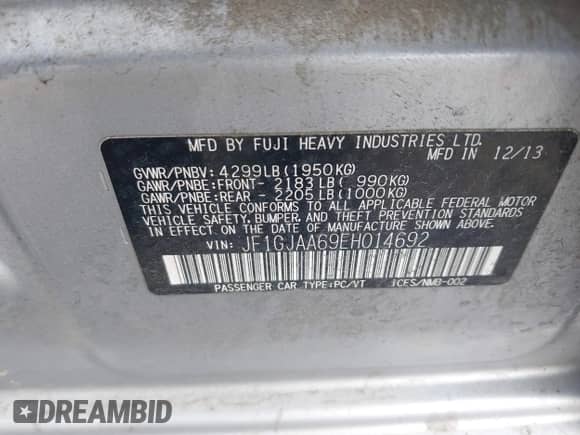 2014 Subaru Impreza with VIN JF1GJAA69EH014692, listed as a IAAI auction lot 42517943 with 89,172 mi miles and . Bid and sale history available at DreamBid. Image 9.