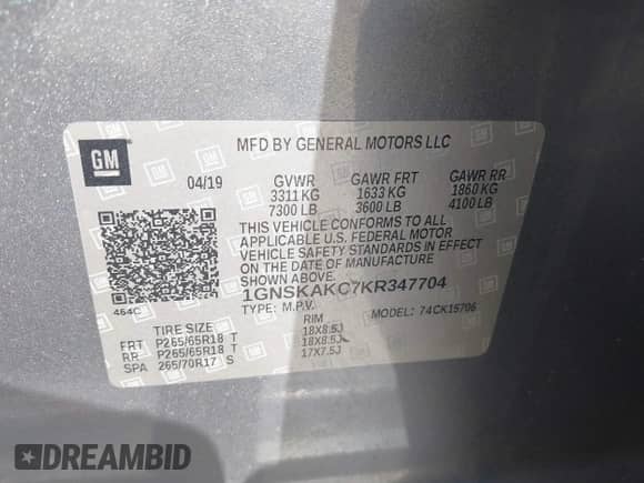 2019 Chevrolet Tahoe LS with VIN 1GNSKAKC7KR347704, listed as a IAAI auction lot 41532849 with 219,466 mi miles and . Bid and sale history available at DreamBid. Image 9.