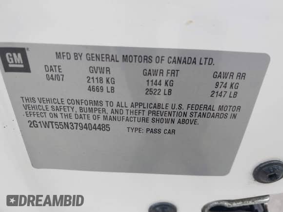 2007 Chevrolet Impala LT с VIN 2G1WT55N379404485, выставлен на аукционе IAAI как лот 43417262 с пробегом 106 072 миль миль и . История ставок и продаж доступна на DreamBid. Изображение 9.