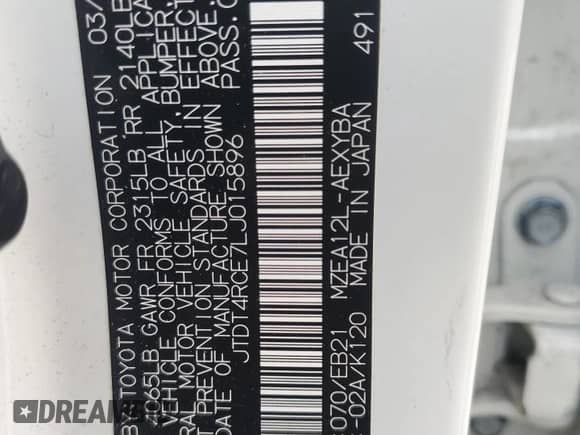 2020 Toyota Corolla XSE с VIN JTDT4RCE7LJ015896, выставлен на аукционе Copart как лот 80369195 с пробегом 72 907 миль миль и Списание • Salvage title. История ставок и продаж доступна на DreamBid. Изображение 12.