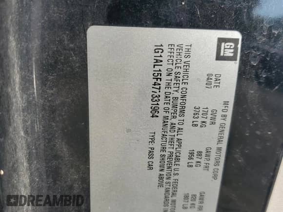 2007 Chevrolet Cobalt LT with VIN 1G1AL15F477331964, listed as a Copart auction lot 68678035 with 215,873 mi miles and Salvage title. Bid and sale history available at DreamBid. Image 12.