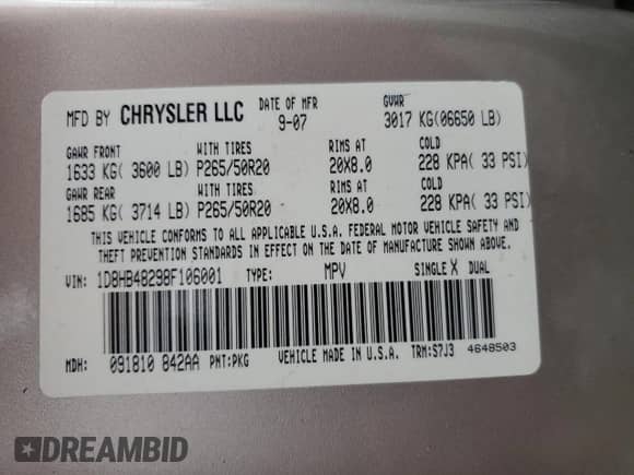 2008 Dodge Durango SLT with VIN 1D8HB48298F106001, listed as a Copart auction lot 41502945 with 147,870 mi miles and Salvage title. Bid and sale history available at DreamBid. Image 13.