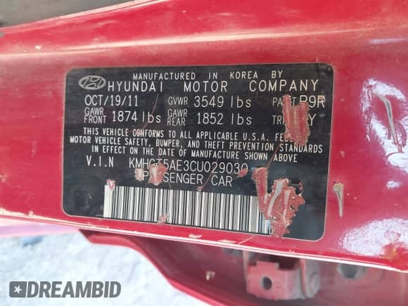 2012 Hyundai Accent GS с VIN KMHCT5AE3CU029030, выставлен на аукционе IAAI как лот 43578484 с пробегом 175 630 миль миль и . История ставок и продаж доступна на DreamBid. Изображение 9.