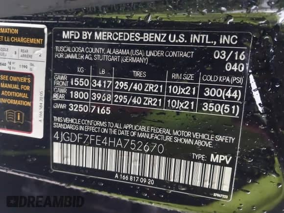 2017 Mercedes-Benz GLS 63 AMG with VIN 4JGDF7FE4HA752670, listed as a IAAI auction lot 41479746 with 105,653 mi miles and . Bid and sale history available at DreamBid. Image 9.