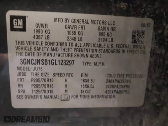 2016 Chevrolet Trax LS with VIN 3GNCJNSB1GL123297, listed as a IAAI auction lot 43155415 with 130,939 mi miles and . Bid and sale history available at DreamBid. Image 9.