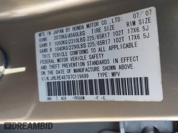 2007 Honda CR-V EX-L с VIN JHLRE48787C119699, выставлен на аукционе IAAI как лот 43368198 с пробегом 172 752 миль миль и . История ставок и продаж доступна на DreamBid. Изображение 9.