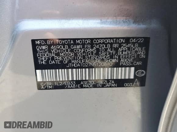 2022 Lexus IS 300 z VIN JTHDA1D27N5120810, wystawiony jako Copart lot #62017045 z przebiegiem 25 820 mil mil oraz Szkoda całkowita • Salvage title. Historia ofert i sprzedaży dostępna na DreamBid. Obrazek 12.