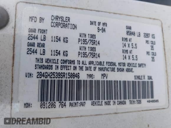 1995 Dodge Caravan с VIN 2B4GH2539SR150846, выставлен на аукционе IAAI как лот 42401570 с пробегом 148 981 миль миль и . История ставок и продаж доступна на DreamBid. Изображение 9.