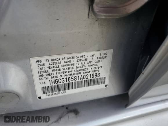 2001 Honda Accord EX with VIN 1HGCG16581A021998, listed as a Copart auction lot 72025055 with 208,739 mi miles and Clean title. Bid and sale history available at DreamBid. Image 12.