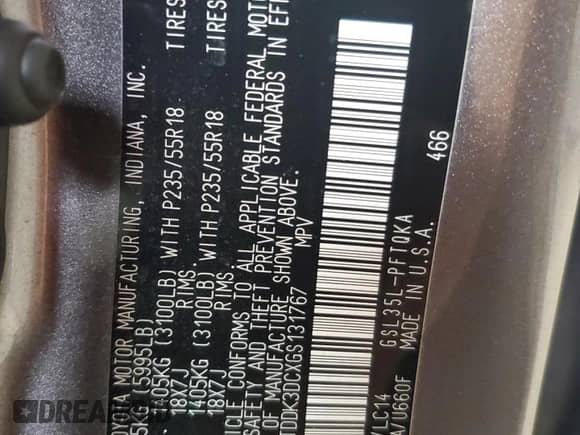 2016 Toyota Sienna XLE with VIN 5TDDK3DCXGS131767, listed as a Copart auction lot 86486385 with Not provided miles and Salvage title. Bid and sale history available at DreamBid. Image 13.