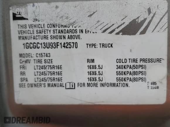 2003 Chevrolet Silverado 1500HD LT с VIN 1GCGC13U93F142570, выставлен на аукционе Copart как лот 70047944 с пробегом 243 221 миль миль и Списание • Salvage title. История ставок и продаж доступна на DreamBid. Изображение 14.