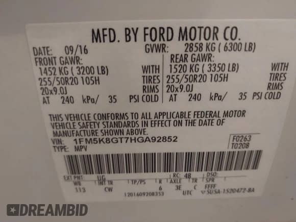 2017 Ford Explorer Sport with VIN 1FM5K8GT7HGA92852, listed as a IAAI auction lot 42693758 with 116,138 mi miles and . Bid and sale history available at DreamBid. Image 9.