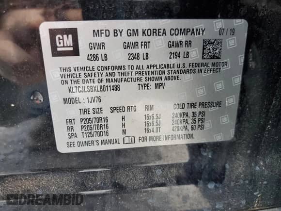 2020 Chevrolet Trax LT with VIN KL7CJLSBXLB011488, listed as a Copart auction lot 63834645 with 68,684 mi miles and Salvage title. Bid and sale history available at DreamBid. Image 13.