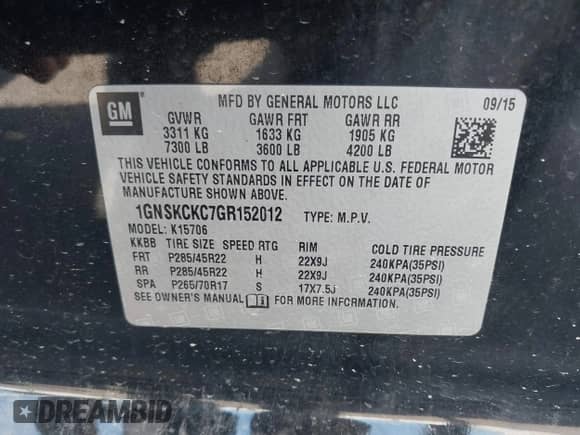 2016 Chevrolet Tahoe LTZ с VIN 1GNSKCKC7GR152012, выставлен на аукционе IAAI как лот 43056131 с пробегом Не указан миль и . История ставок и продаж доступна на DreamBid. Изображение 9.