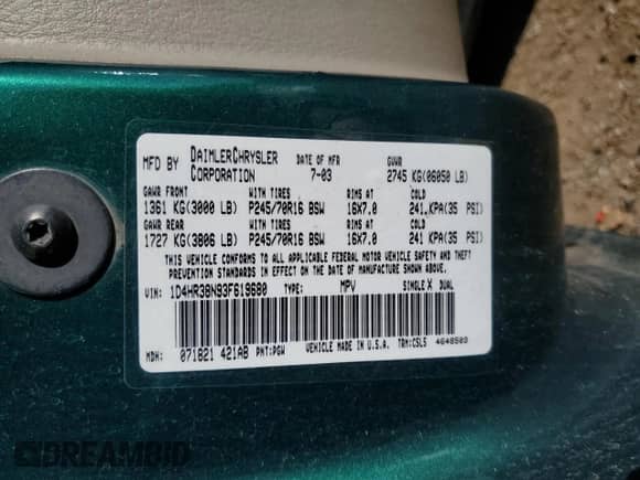 2003 Dodge Durango Sport with VIN 1D4HR38N93F619680, listed as a Copart auction lot 85753364 with Not provided miles and Salvage title. Bid and sale history available at DreamBid. Image 14.