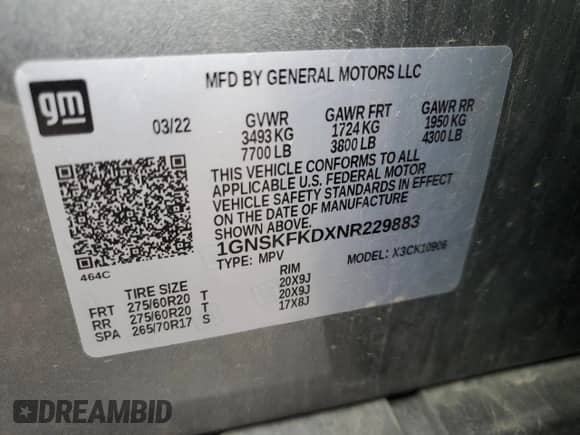 2022 Chevrolet Suburban Premier с VIN 1GNSKFKDXNR229883, выставлен на аукционе Copart как лот 51442325 с пробегом 90 238 миль миль и Чистый • Clean title. История ставок и продаж доступна на DreamBid. Изображение 14.