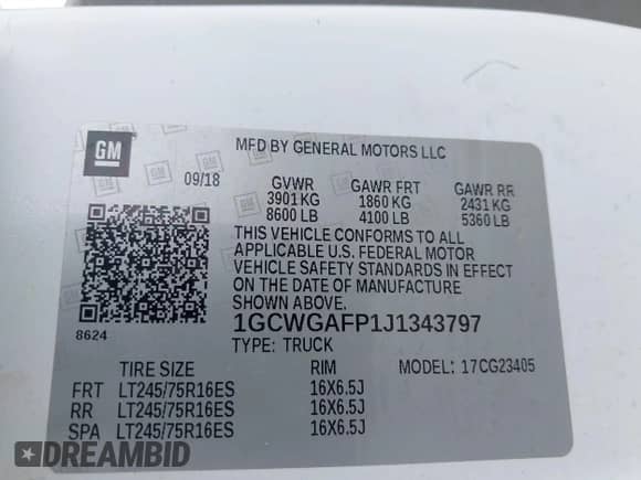 2018 Chevrolet Express Cargo with VIN 1GCWGAFP1J1343797, listed as a IAAI auction lot 42868599 with 317,176 mi miles and . Bid and sale history available at DreamBid. Image 9.