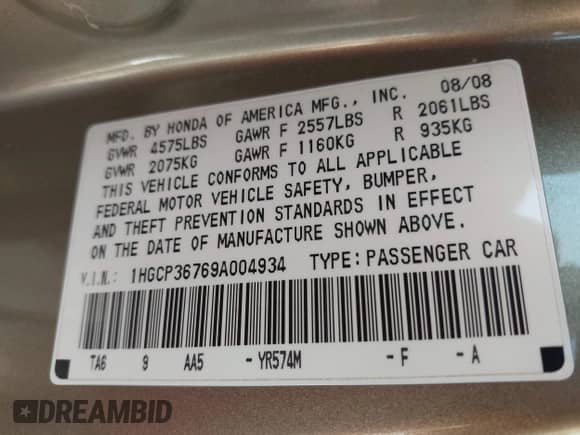 2009 Honda Accord EX z VIN 1HGCP36769A004934, wystawiony jako IAAI lot #43211664 z przebiegiem 137 364 mil mil oraz . Historia ofert i sprzedaży dostępna na DreamBid. Obrazek 9.