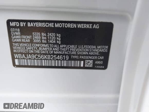 2019 BMW 5 Series 530e с VIN WBAJA9C56KB254619, выставлен на аукционе IAAI как лот 42455406 с пробегом 25 711 миль миль и . История ставок и продаж доступна на DreamBid. Изображение 9.