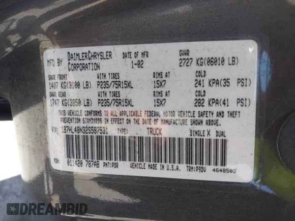 2002 Dodge Dakota SLT with VIN 1B7HL48N32S587531, listed as a IAAI auction lot 42266638 with 151,397 mi miles and . Bid and sale history available at DreamBid. Image 9.