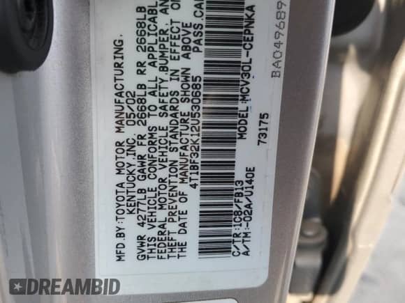 2002 Toyota Camry XLE with VIN 4T1BF32K12U530685, listed as a Copart auction lot 66261805 with 209,808 mi miles and Salvage title. Bid and sale history available at DreamBid. Image 12.