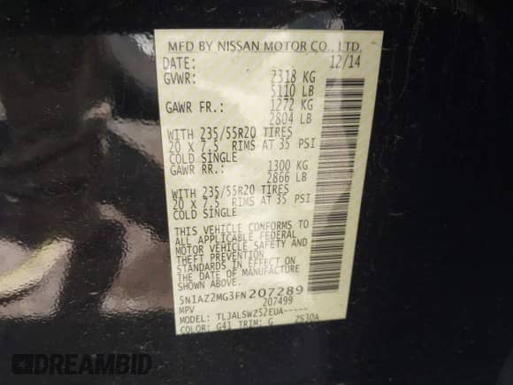 2015 Nissan Murano Platinum with VIN 5N1AZ2MG3FN207289, listed as a IAAI auction lot 42317126 with 129,746 mi miles and . Bid and sale history available at DreamBid. Image 9.