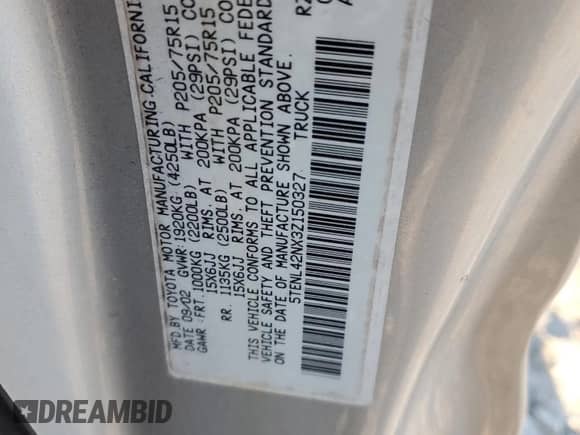 2003 Toyota Tacoma with VIN 5TENL42NX3Z150327, listed as a Copart auction lot 41579785 with 187,714 mi miles and Salvage title. Bid and sale history available at DreamBid. Image 12.