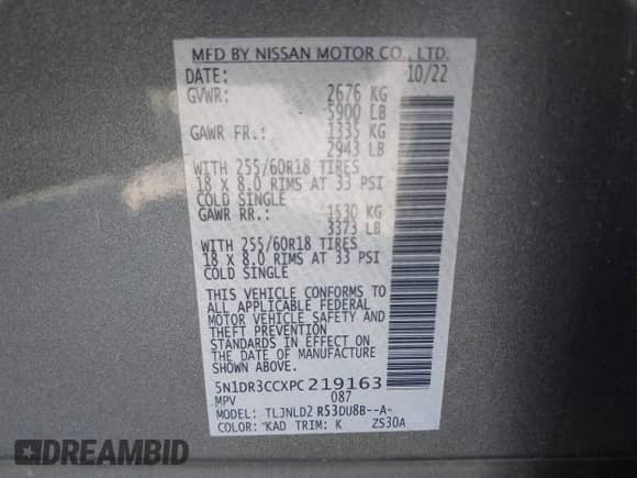 2023 Nissan Pathfinder SL with VIN 5N1DR3CCXPC219163, listed as a IAAI auction lot 43249827 with 41,400 mi miles and . Bid and sale history available at DreamBid. Image 9.