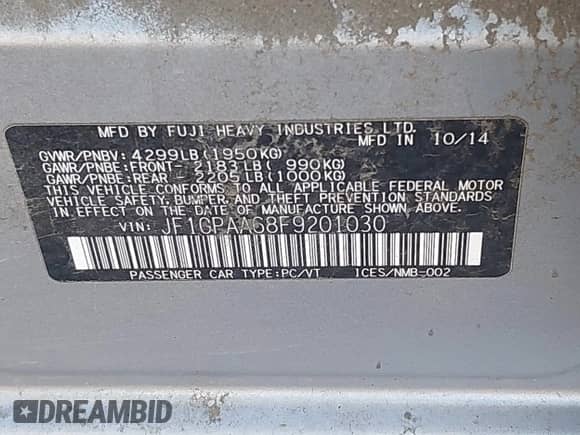 2015 Subaru Impreza 2.0i with VIN JF1GPAA68F9201030, listed as a IAAI auction lot 43481239 with 164,501 mi miles and . Bid and sale history available at DreamBid. Image 9.