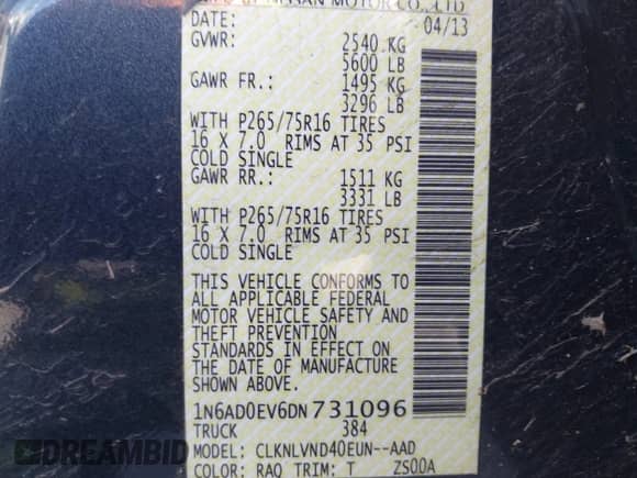 2013 Nissan Frontier SV with VIN 1N6AD0EV6DN731096, listed as a IAAI auction lot 41424331 with 121,534 mi miles and . Bid and sale history available at DreamBid. Image 9.