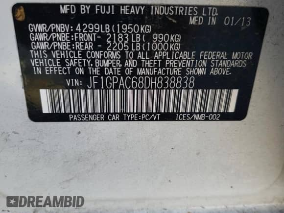 2013 Subaru Impreza Premium с VIN JF1GPAC68DH838838, выставлен на аукционе Copart как лот 46043835 с пробегом 80 385 миль миль и Списание • Salvage title. История ставок и продаж доступна на DreamBid. Изображение 12.