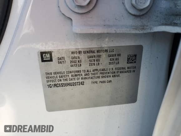 2017 Chevrolet Volt LT с VIN 1G1RC6S56HU207242, выставлен на аукционе Copart как лот 85331865 с пробегом 95 210 миль миль и Списание • Salvage title. История ставок и продаж доступна на DreamBid. Изображение 12.