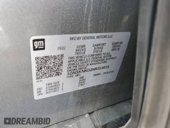 2022 Chevrolet Tahoe LT z VIN 1GNSKNKD2NR314615, wystawiony jako Copart lot #90419065 z przebiegiem Nie podano mil oraz Szkoda całkowita • Salvage title. Historia ofert i sprzedaży dostępna na DreamBid. Obrazek 14.